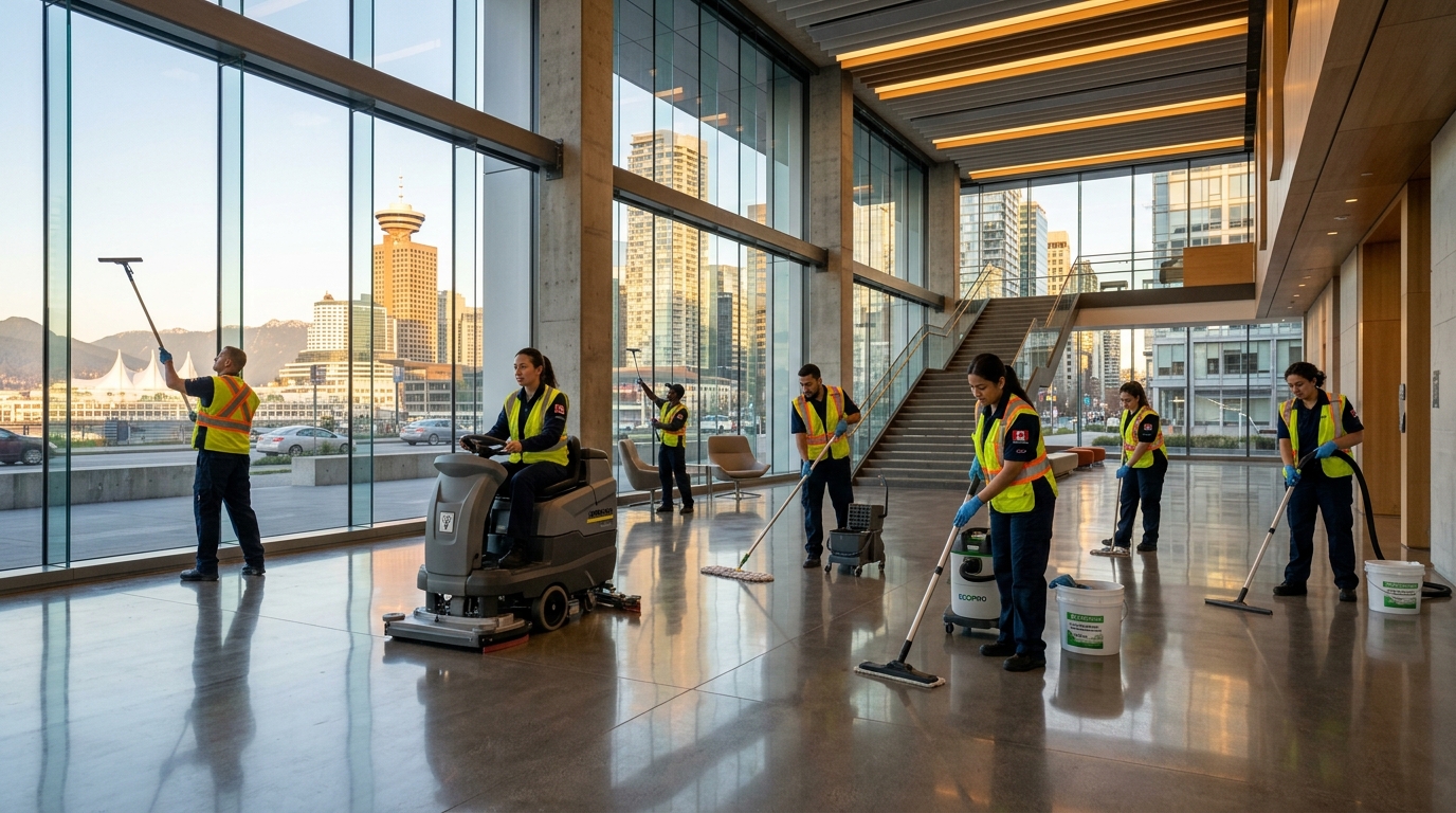 Remplo cleaning team operating industrial floor scrubber in sunlit commercial building