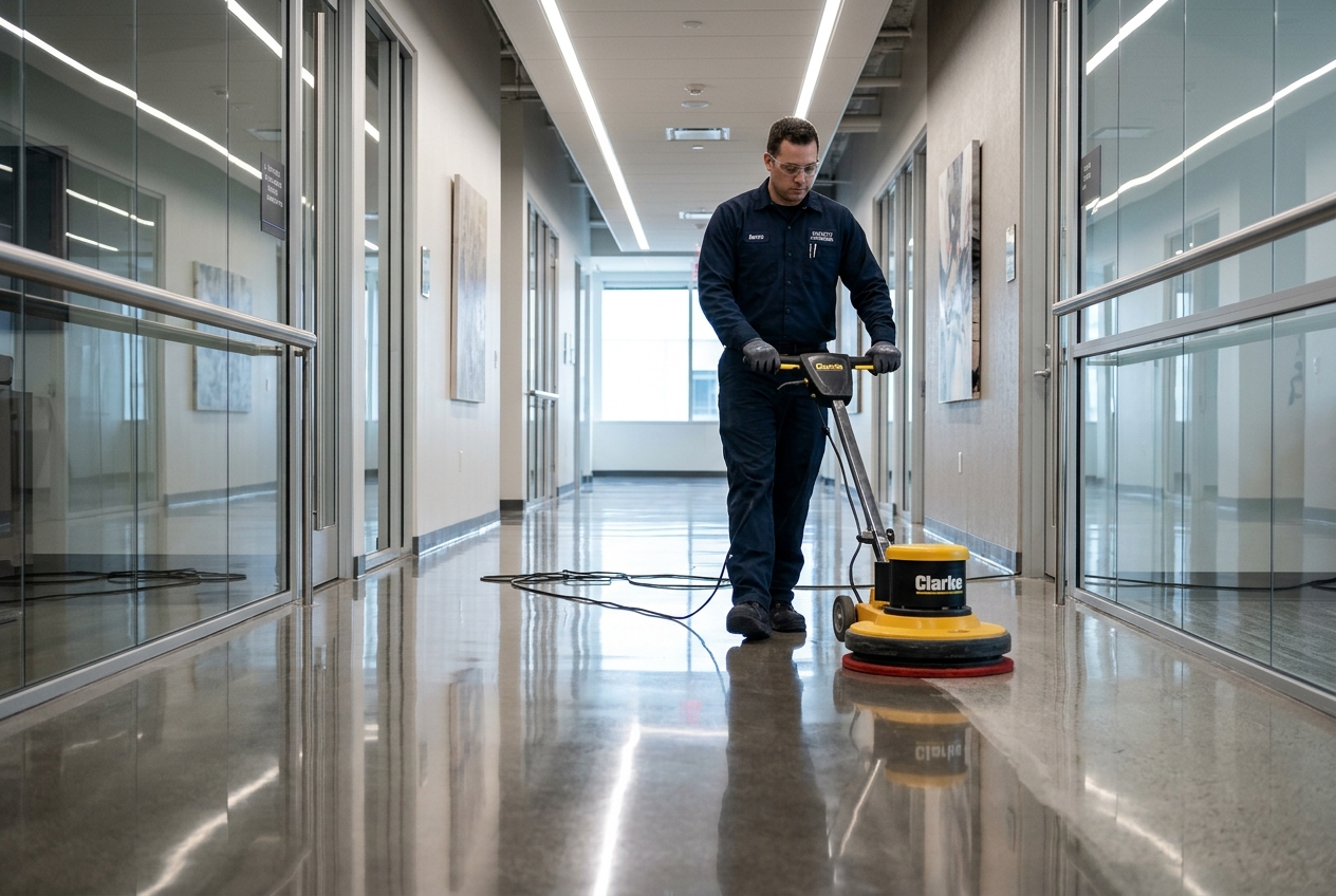 Floor buffing, stripping, waxing, and concrete sealing team