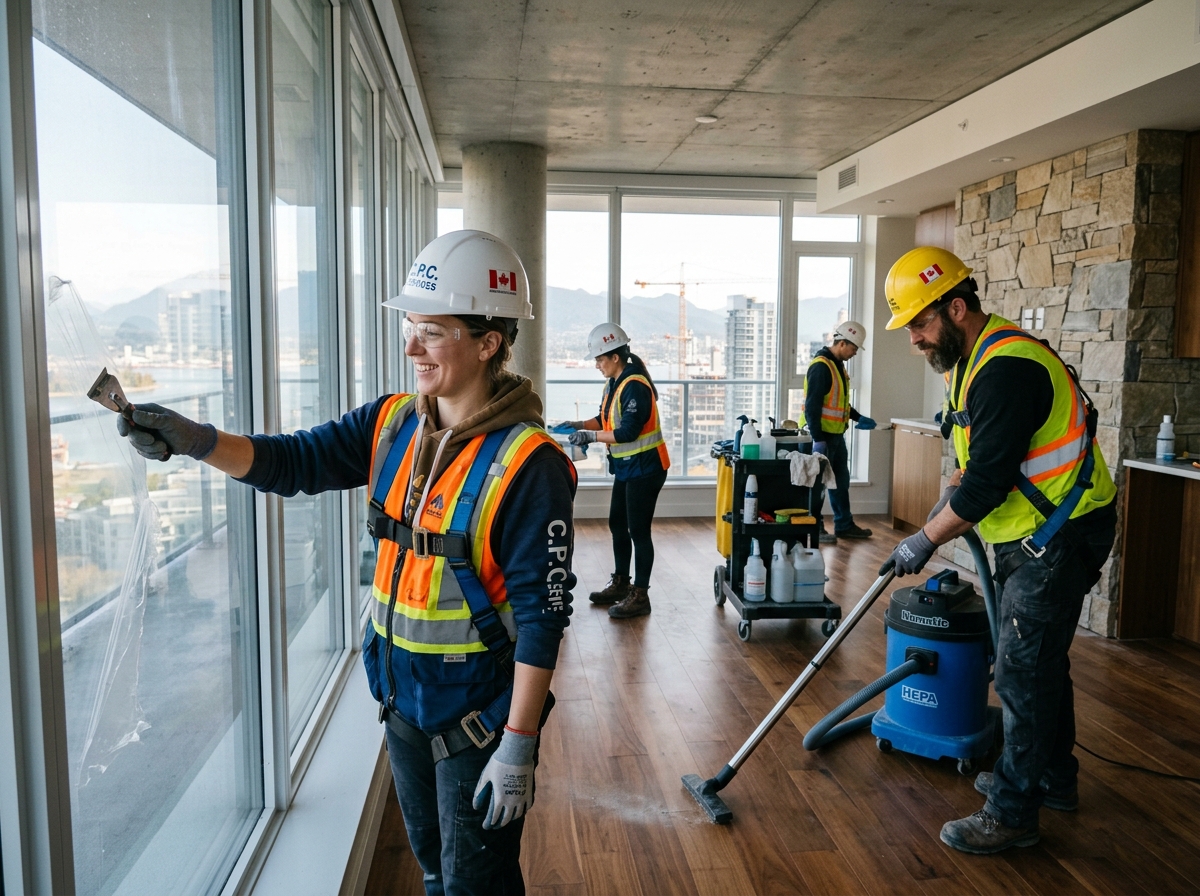 Post-construction rough and final cleaning crew scraping windows and vacuuming fine drywall dust