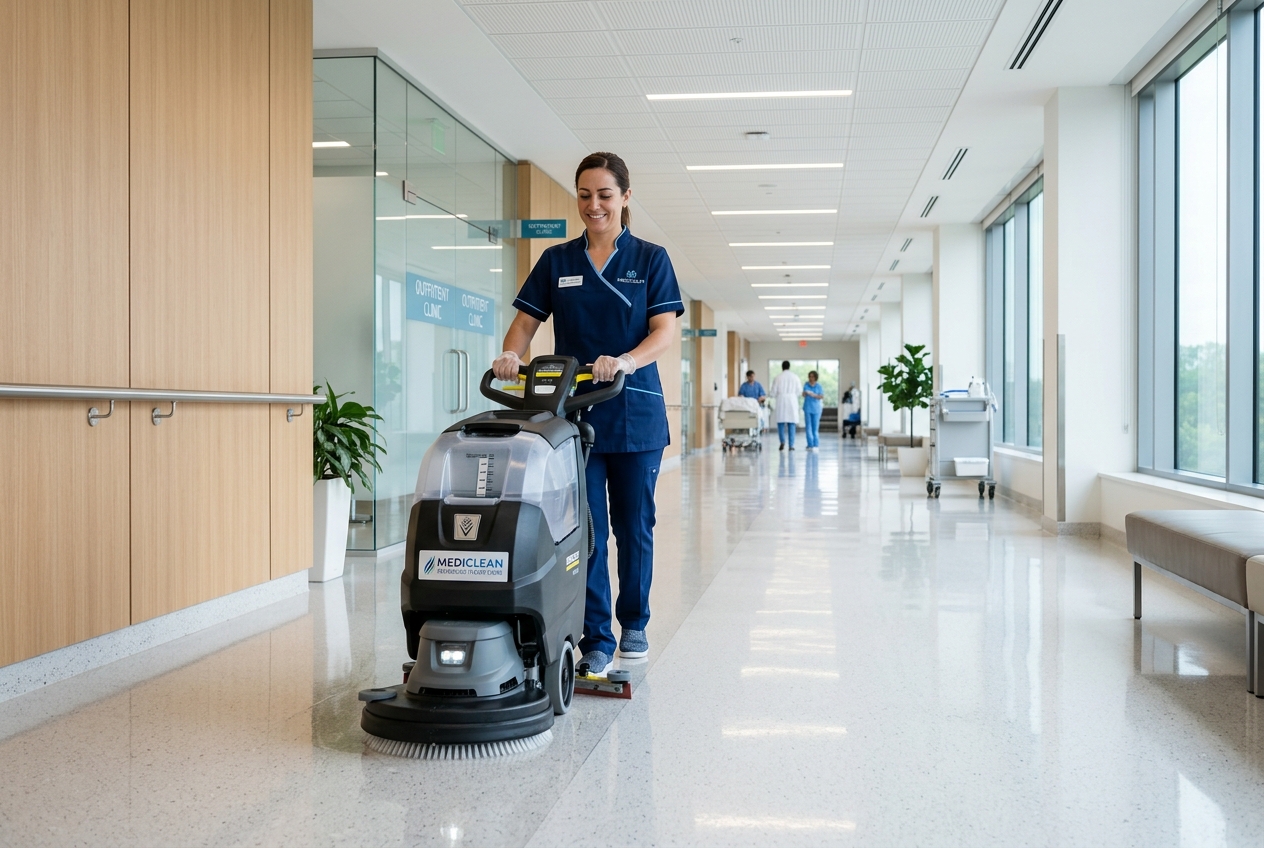 Professional commercial and medical cleaning service staff