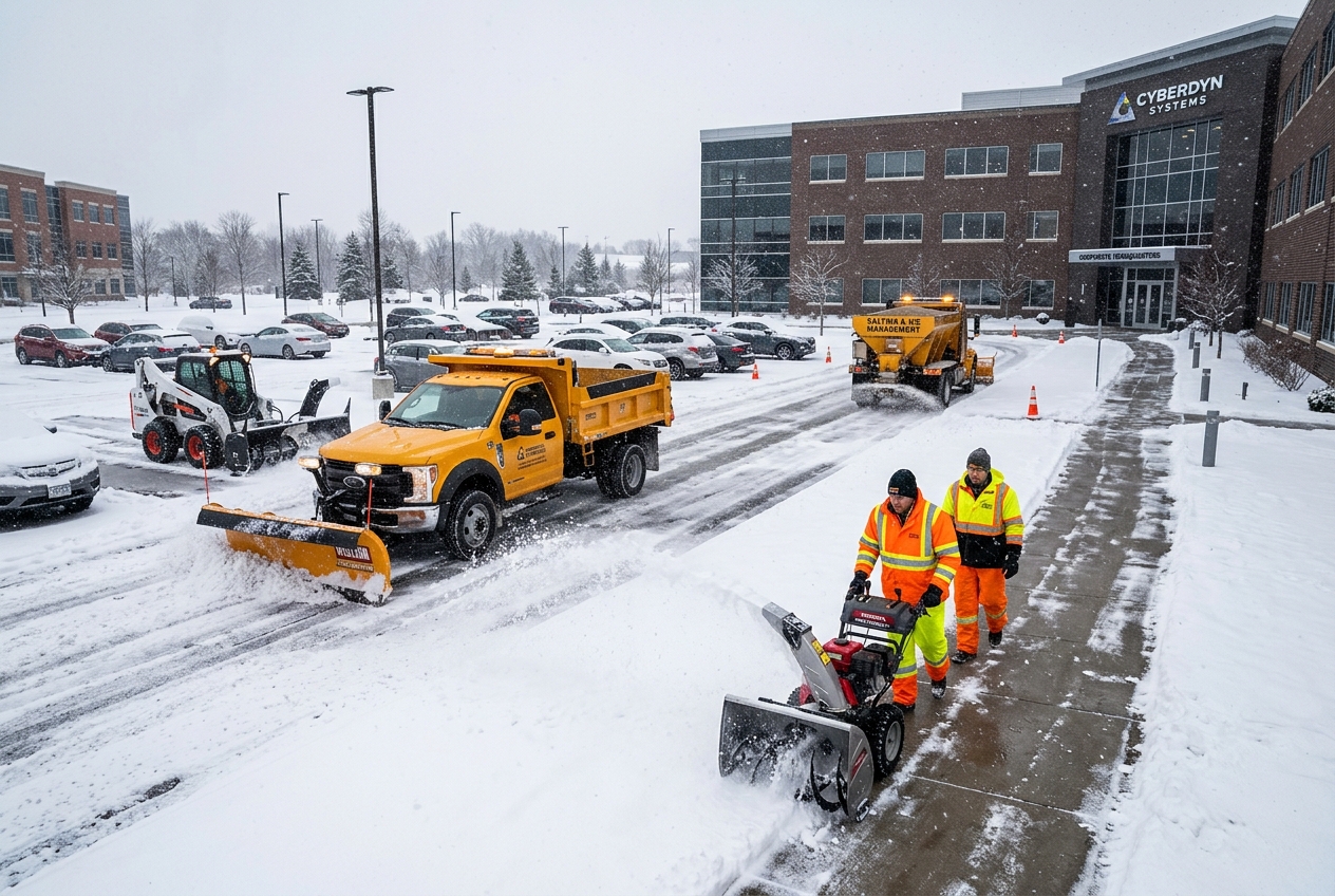 Commercial snow clearing and ice management crew