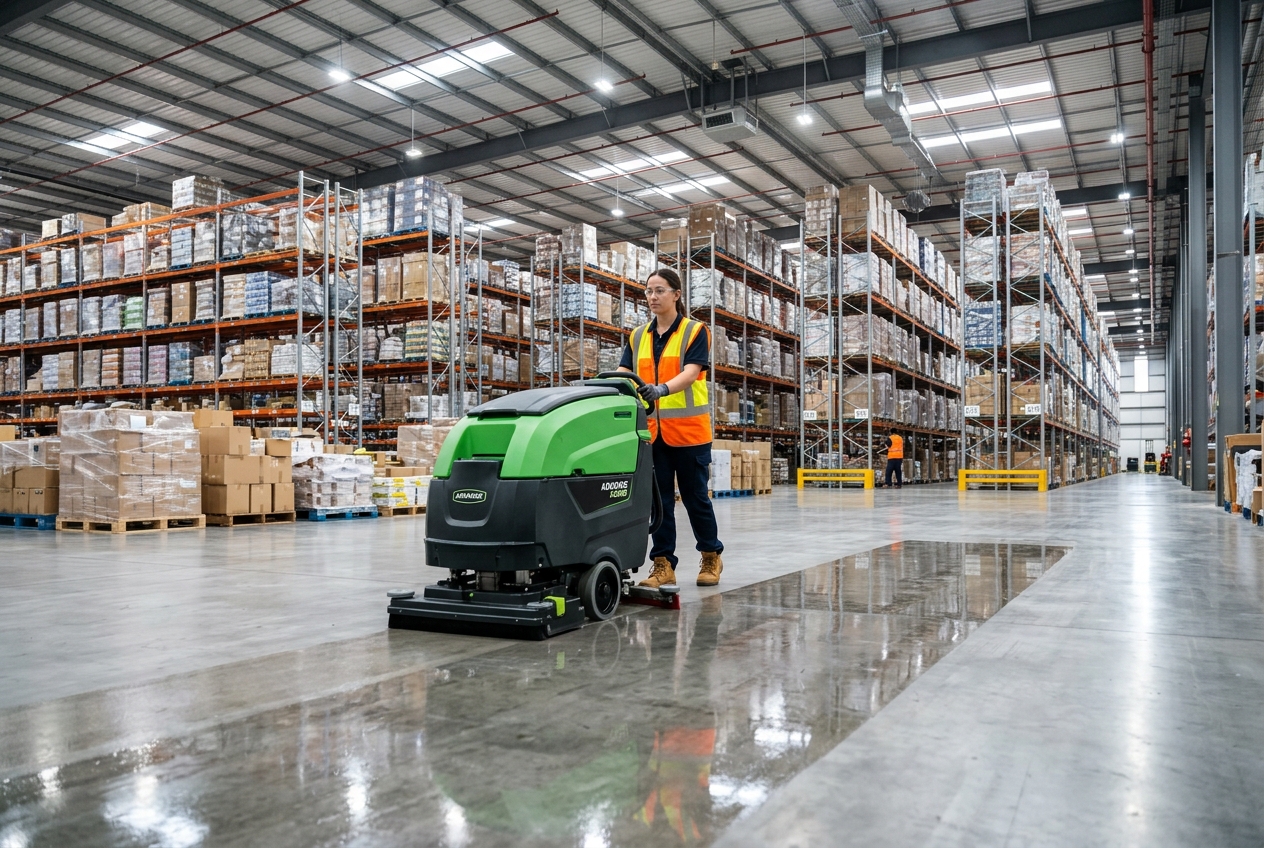 Industrial warehouse floor scrubbing and distribution facility deep sanitation